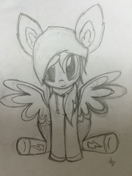Size: 2448x3262 | Tagged: safe, artist:thewanderingtyto, rainbow dash, pegasus, pony, g4, clothes, female, grayscale, high res, hoodie, mare, monochrome, signature, solo, traditional art