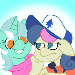 Size: 512x512 | Tagged: safe, artist:jellipanda, bon bon, lyra heartstrings, sweetie drops, g4, bon bon is not amused, clothes, costume, crossover, dipper pines, gravity falls, hat, mabel pines, male