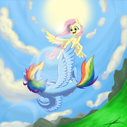 Size: 2362x2362 | Tagged: safe, artist:queensdaughters, fluttershy, rainbow dash, g4, backwards cutie mark, flying, high res, sky, sun