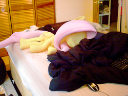 Size: 1024x768 | Tagged: safe, artist:natmaxex, fluttershy, pegasus, pony, g4, 3d, bed, female, irl, mare, missing eyelashes, photo, ponies in real life, sleeping, solo