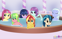 Size: 1200x764 | Tagged: safe, artist:bootsyslickmane, edit, indigo zap, lemon zest, sci-twi, sour sweet, sugarcoat, sunny flare, sunset shimmer, twilight sparkle, equestria girls, g4, my little pony equestria girls: friendship games, bathing, bathtub, bedroom eyes, blushing, breasts, casual nudity, cleavage, crystal prep academy, crystal prep shadowbolts, cute, female, hot tub, looking at you, missing accessory, nudity, shadow six, skinny dipping, spa, steam, topless, waifu soup, water, wet hair, zapabetes