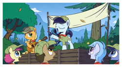 Size: 2500x1367 | Tagged: safe, artist:php104, applejack, coloratura, paige, shady blues, earth pony, pony, g4, the mane attraction, acoustic guitar, camp friendship, eyes closed, filly, guitar, i can't believe it's not idw, musical instrument, open mouth, rara, scene interpretation, singing, tree, younger