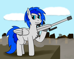Size: 831x662 | Tagged: safe, artist:b-cacto, oc, oc only, oc:sapphire sights, fallout equestria, m98b, post-apocalyptic, skyline, sniper, solo