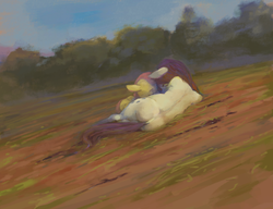 Size: 4000x3074 | Tagged: safe, artist:sharpieboss, fluttershy, rarity, semi-anthro, g4, eyes closed, female, field, lesbian, lying, on side, painterly, prone, ship:flarity, shipping