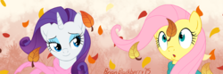 Size: 888x296 | Tagged: safe, artist:brianblackberry, fluttershy, rarity, g4, :o, autumn, banner, clothes, cute, implied flarity, leaves, scarf, windswept mane