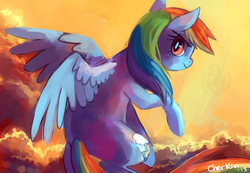 Size: 1280x886 | Tagged: safe, artist:cherivinca, rainbow dash, g4, cloud, female, solo, sunset