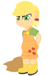 Size: 722x1106 | Tagged: safe, artist:the-crusader-network, applejack, human, g4, age regression, applejack's hat, butt rub, butt touch, cute, diaper, female, hat, humanized, overalls, solo
