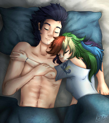 Size: 1600x1800 | Tagged: safe, artist:monnarcha, rainbow dash, soarin', human, g4, aftersex, bed, bedroom, clothes swap, cuddling, eyes closed, female, humanized, male, morning after, ship:soarindash, shipping, sleeping, snuggling, straight