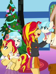 Size: 1024x1365 | Tagged: safe, artist:thespiritshift, coco pommel, sunset shimmer, earth pony, pony, equestria girls, g4, ><, christmas tree, cocobetes, cute, doll, emoticon face, equestria girls-ified, eyes closed, female, plushie, pony dolls, shimmerbetes, toy, tree, xd