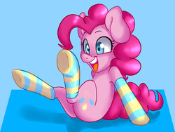 Size: 1600x1200 | Tagged: safe, artist:annakitsun3, pinkie pie, g4, clothes, cute, diapinkes, female, sitting, socks, solo, striped socks