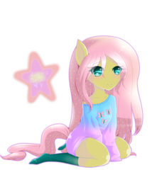 Size: 1024x1195 | Tagged: safe, artist:kumorisix-ela, fluttershy, anthro, g4, blue sweater, clothes, cute, cutie mark on clothes, cyan eyes, female, gradient clothes, gradient sweater, green socks, kneeling, looking at you, off shoulder, off shoulder sweater, pink hair, pink mane, pink sweater, pink tail, simple background, sitting, smiling, socks, solo, sweater, sweatershy, transparent background