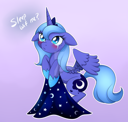 Size: 1024x973 | Tagged: safe, artist:scarlet-spectrum, princess luna, pony, g4, :t, bipedal, blanket, blushing, bronybait, crying, cute, female, filly, floppy ears, frown, hoof hold, looking up, lunabetes, pouting, s1 luna, solo, spread wings, tsundere, tsunderuna, watermark, woona