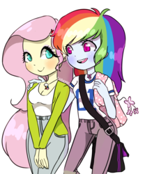 Size: 1024x1229 | Tagged: safe, artist:chibicmps, fluttershy, rainbow dash, equestria girls, g4, female, lesbian, ship:flutterdash, shipping, smiling