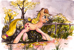 Size: 2284x1552 | Tagged: safe, artist:alexandrvirus, applejack, g4, bush, female, fence, running, smiling, solo, traditional art, tree