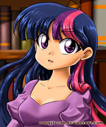 Size: 827x990 | Tagged: safe, artist:nancysauria, twilight sparkle, human, g4, big eyes, book, bookshelf, female, humanized, solo