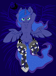 Size: 1440x1935 | Tagged: safe, artist:dfectivedvice, artist:jubileeglider, edit, princess luna, semi-anthro, g4, :3, armpits, bed, both cutie marks, chest fluff, clothes, female, on back, socks, solo, spread wings, thigh highs
