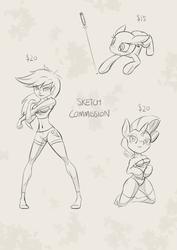 Size: 1280x1810 | Tagged: safe, artist:lovelyneckbeard, rainbow dash, rarity, human, anthro, semi-anthro, g4, advertisement, arm hooves, behaving like a cat, clothes, compression shorts, humanized, kneeling, laser pointer, monochrome, sketch, swimsuit