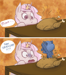 Size: 465x523 | Tagged: safe, artist:ruthietammy, princess celestia, princess luna, alicorn, pony, turkey, g4, cewestia, comic, cooked, dead, filly, food, meat, pink-mane celestia, ponies eating meat, surprised, thanksgiving, traditional art, woona