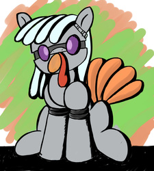 Size: 1121x1244 | Tagged: safe, artist:parassaux, oc, oc only, oc:turing test, pony, robot, robot pony, turkey, fanfic:the iron horse: everything's better with robots, clothes, costume, food, meat, turkey costume