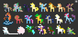 Size: 680x328 | Tagged: safe, artist:parallel black, mandopony, stellar eclipse, oc, oc:aryanne, oc:aura borealis, oc:bernd, oc:celery, oc:chidey, oc:cream heart, oc:cteno, oc:cuddlhu, oc:eldorado, oc:fluffle puff, oc:harmony star, oc:kalianne, oc:lightning spark, oc:littlepip, oc:mango, oc:nyx, oc:parallel black, oc:parcly taxel, oc:pun, oc:wheely bopper, alicorn, earth pony, original species, pegasus, pony, unicorn, wheelpone, g4, alicorn oc, clothes, fanfic, fanfic art, female, hooves, horn, jumpsuit, mare, pixel art, spread wings, tiny pixel ponies, vault suit, wings