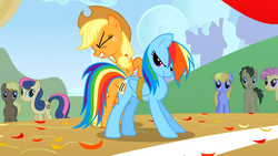 Size: 1366x768 | Tagged: safe, screencap, applejack, bon bon, candy mane, cloud kicker, coco crusoe, doctor whooves, rainbow dash, sweetie drops, time turner, earth pony, pegasus, pony, fall weather friends, g4, female, male, mare, out of context, rope, stallion