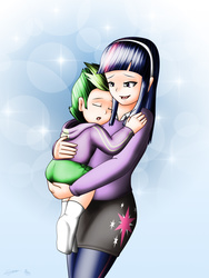Size: 1500x2000 | Tagged: safe, artist:evil-rick, spike, twilight sparkle, human, g4, ass, butt, butt touch, carrying, cute, duo, female, hand on butt, holding, humanized, male, mama twilight, mother and child, sleeping, spikabetes, spikelove, twiabetes
