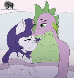 Size: 1762x1841 | Tagged: safe, artist:sugarlesspaints, rarity, spike, anthro, g4, bed, cuddling, duo, female, male, older, older spike, ship:sparity, shipping, sleeping, snuggling, straight, topless