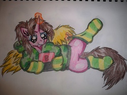 Size: 3648x2736 | Tagged: safe, artist:shelby100, oc, oc only, oc:carmela, alicorn, pony, 3ds, alicorn oc, camouflage, clothes, high res, hoodie, nintendo, socks, solo, striped socks, tongue out, traditional art