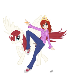 Size: 2200x2328 | Tagged: safe, artist:awesomeasiwannabe, artist:rio-mccarthy, oc, oc:fausticorn, alicorn, human, pony, alicorn oc, clothes, converse, crown, duo, hail to the queen baby, human ponidox, humanized, lauren faust, pencil, ponified, shoes, smiling