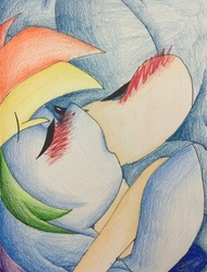 Size: 1024x1347 | Tagged: safe, artist:aislynndavis, rainbow dash, g4, blushing, crossover, crossover shipping, female, interspecies, kissing, male, shipping, sonic the hedgehog, sonic the hedgehog (series), sonicdash, straight, traditional art