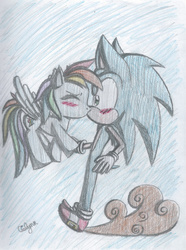 Size: 1024x1378 | Tagged: safe, artist:aislynndavis, rainbow dash, g4, blushing, crossover, crossover shipping, female, interspecies, kissing, male, shipping, sonic the hedgehog, sonic the hedgehog (series), sonicdash, straight, traditional art