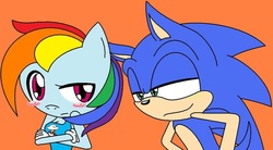Size: 1024x565 | Tagged: safe, artist:aislynndavis, rainbow dash, anthro, g4, blushing, crossover, crossover shipping, female, interspecies, male, shipping, sonic the hedgehog, sonic the hedgehog (series), sonicdash, sonicified, straight