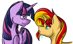 Size: 900x545 | Tagged: safe, artist:lyx-d, sunset shimmer, twilight sparkle, alicorn, pony, unicorn, g4, female, frown, mare, simple background, smirk, transparent background, twilight sparkle (alicorn)
