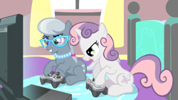 Size: 960x539 | Tagged: source needed, safe, anonymous artist, silver spoon, sweetie belle, fanfic:this game of mine, g4, alternate cutie mark, controller, fanfic, fanfic art, female, gamer belle, glasses, lesbian, logitech, multiplayer, ship:silverbelle, shipping, this game of mine, video game