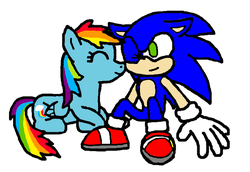 Size: 734x506 | Tagged: safe, artist:zookinator-hedgie, rainbow dash, pony, g4, 1000 hours in ms paint, crossover, crossover shipping, eyes closed, female, interspecies, male, shipping, sitting, sonic the hedgehog, sonic the hedgehog (series), sonicdash, straight, wink