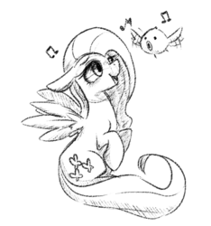 Size: 488x522 | Tagged: safe, artist:phyllismi, fluttershy, bird, pegasus, pony, g4, female, mare, monochrome, music notes, open mouth, simple background, sitting, solo, spread wings, white background, wings
