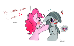 Size: 800x500 | Tagged: safe, artist:phyllismi, marble pie, pinkie pie, earth pony, pony, g4, blushing, duo, embarrassed, female, floppy ears, hair over one eye, happy, heart, mare, pie sisters, pie twins, pixiv, signature, simple background, talking, twins, white background