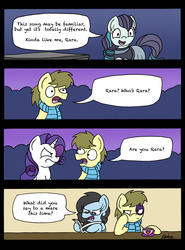 Size: 2480x3349 | Tagged: safe, artist:bobthedalek, coloratura, rarity, oc, oc:kettle master, oc:tilly towell, earth pony, pegasus, pony, unicorn, g4, the mane attraction, black eye, clothes, comic, food, high res, know the difference, newspaper, rara, rarara, rarity is not amused, scarf, tea, unamused