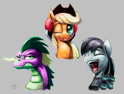 Size: 1200x914 | Tagged: safe, artist:tsitra360, applejack, coloratura, spike, g4, :p, clothes, cowboy hat, cute, eyes closed, fire, freckles, frown, glare, green fire, happy, hat, older, open mouth, practice drawing, quickie, rara, signature, singing, smiling, snorting, speedpaint, stetson, the magic inside, tongue out, unamused, uvula, wink