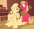 Size: 3408x2891 | Tagged: safe, artist:badumsquish, derpibooru exclusive, applejack, big macintosh, cheerilee, oc, oc:abominapple, applesauce pony, earth pony, goo pony, original species, pony, g4, abomination, applesauce, blushing, clone, cowboy hat, eye contact, female, flirting, golden oaks library, hat, high res, lip bite, looking at each other, male, sitting, smiling, stairs, stetson, surprised, transformation, wat, wide eyes, wtf