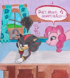 Size: 1024x1138 | Tagged: safe, artist:suzspence, pinkie pie, g4, crossover, male, shadow the hedgehog, sonic the hedgehog (series), traditional art