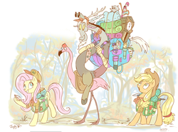 Size: 1155x853 | Tagged: safe, artist:jowyb, applejack, discord, fluttershy, flamingo, g4, 2015, animal, bags, candy, candy cane, clothes, cowboy hat, food, grandfather clock, hat, open mouth, plushie, riding, saddle, scout, signature, snorkel, stetson, stopwatch