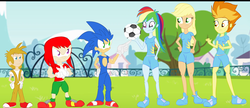 Size: 3631x1566 | Tagged: safe, artist:urhangrzerg, fluttershy, rainbow dash, spitfire, equestria girls, g4, crossover, equestria girls-ified, football, knuckles the echidna, male, miles "tails" prower, sonic the hedgehog, sonic the hedgehog (series)