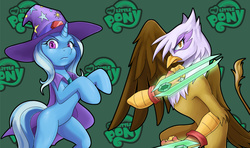 Size: 3495x2076 | Tagged: dead source, safe, artist:nauth, gilda, trixie, griffon, pony, unicorn, g4, cape, clothes, commission, dual wield, duo, female, hat, high res, mare, weapon, wizard hat