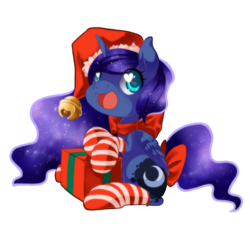 Size: 806x750 | Tagged: safe, artist:loyaldis, princess luna, g4, bow, christmas, clothes, cute, female, filly, happy, heart eyes, lunabetes, open mouth, present, santa hat, santa woona, simple background, sitting, smiling, socks, solo, striped socks, tail bow, transparent background, wingding eyes, woona