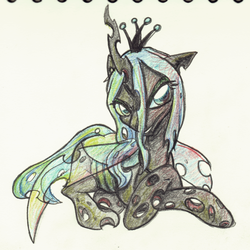 Size: 662x661 | Tagged: safe, artist:inlucidreverie, queen chrysalis, changeling, changeling queen, g4, crown, female, jewelry, regalia, sitting, solo, traditional art