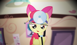 Size: 3346x1986 | Tagged: safe, artist:rainihorn, apple bloom, earth pony, pony, g4, apple bloom's bow, bedroom eyes, bow, eyebrows, eyebrows visible through hair, female, filly, hair bow, offscreen character, orange eyes, playing doctor, pov, red mane, show accurate, solo, stethoscope