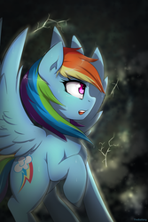 Size: 1200x1800 | Tagged: safe, artist:thebatfang, rainbow dash, pegasus, pony, g4, dark clouds, female, lightning, open mouth, raised hoof, shrunken pupils, solo, spread wings, stormcloud, sweat, thunderstorm