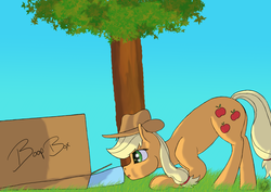 Size: 2338x1654 | Tagged: safe, artist:icecoldwulf, applejack, rainbow dash, earth pony, pegasus, pony, g4, :o, applebetes, boop, boop box, cardboard box, cute, dashabetes, face down ass up, female, grass, lesbian, mare, open mouth, ship:appledash, shipping, sweet dreams fuel, tree