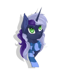 Size: 1024x1126 | Tagged: safe, artist:sneakyskybison, oc, oc only, oc:krystel, pony, unicorn, bust, clothes, colored pupils, looking up, portrait, scarf, serious, simple background, solo, transparent background